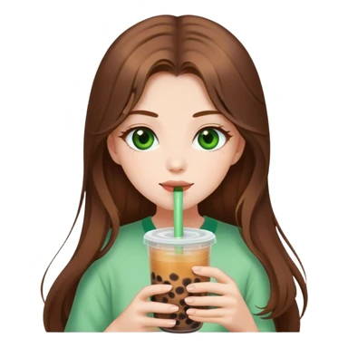 brown haired with long hair girl with green eyes and white skin drinking a boba tee drink.  sticker