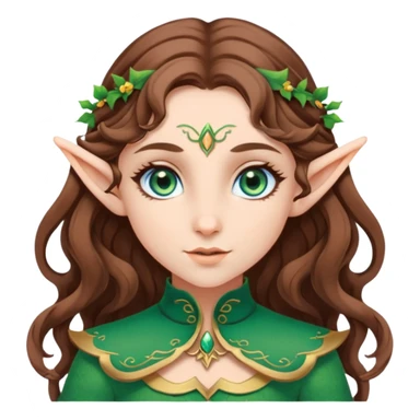 An elf girl with big green-blue eyes, medium length brown wavy hair and white skin sticker