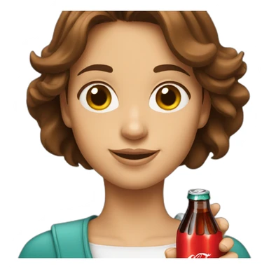 A woman with brown hair is holding a Coca-Cola sticker