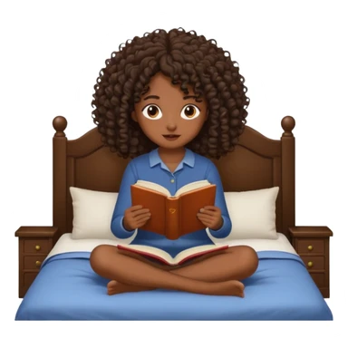 Una chica morena de pelo rizado leyendo sentada en la cama sticker