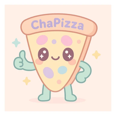cute pizza slice with arms and legs, giving a thumbs up, with 'ChaPizza' written on the crust, kawaii style sticker