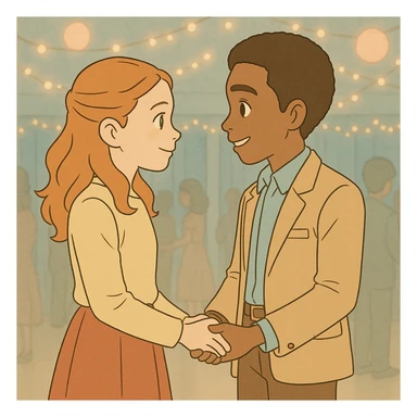 Max and Lucas holding hands at the school dance, smiling at each other, with a mood of friendship and romance. They wear classic outfits from the first season. The style is simple line art with light pastel tones and thick outlines, in the Ghibli style, 1:1 format, safe and friendly atmosphere. sticker