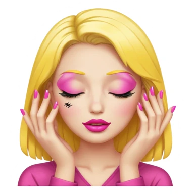 Make this image more like the meme emoji: yellow face with closed eyes and heavy false eyelashes, full glossy lips, and two hands with long pink-painted nails, matching the meme style closely. sticker