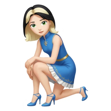 prince, upright, black Hair, blue eyes, garment,  Woman, bending knee, sleveless white dress, blonde hair, green eyes, sticker