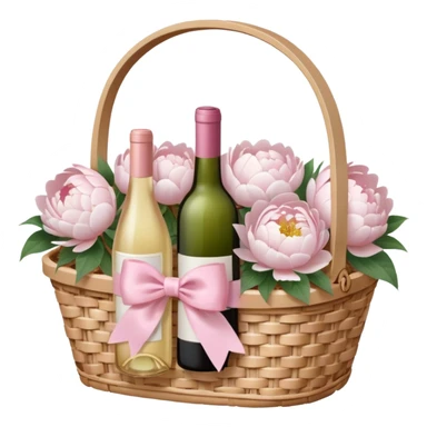 White Picnic basket with light pink bow and white peonies inside and a pink wine bottle sticker