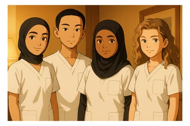Four nursing students standing side by side in a warm indoor setting, wearing white medical uniforms with short sleeves, V-neck collars, and left chest pockets. No stethoscopes, no undershirts, no collar stands, forearms bare. Style: Ghibli, warm ambiance, indoor environment. sticker