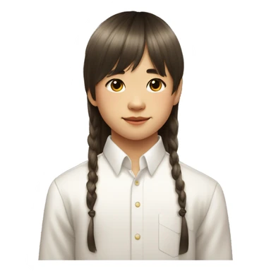 11 year old chinese boy with curtain bangs and white formal shirt with long sleevesand a book sticker