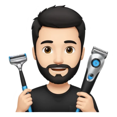handsome young man, fair complexion, messy black hair and beard, smiling, black t-shirt, holding a single face beard trimmer in one hand, trimmer true to real size sticker