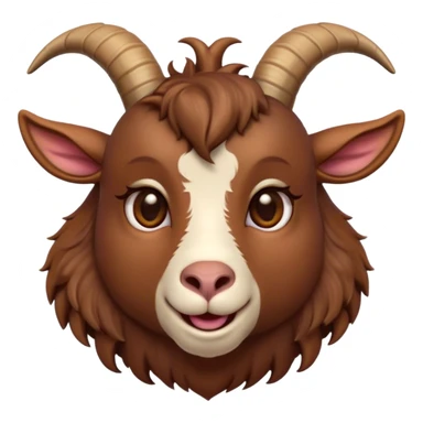 Cinematic Cute Brown Goat Portrait Emoji, Head tilted playfully and inquisitively, featuring a glossy, rich brown fur with charming curved horns, round, sparkling eyes filled with gentle curiosity, Simplified yet irresistibly adorable features, highly detailed, glowing with a warm, friendly glow, high shine, affectionate and lively, stylized with a touch of rustic whimsy, bright and endearing, soft glowing outline, capturing the essence of a mischievous yet loving goat, so playful it feels like it could trot out of the screen and into your arms! sticker