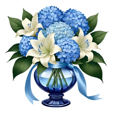 An exquisite floral arrangement of deep blue hydrangeas, pastel blue peonies, and ivory lilies, bound with a flowing pearl satin ribbon and placed in a crystal vase sticker