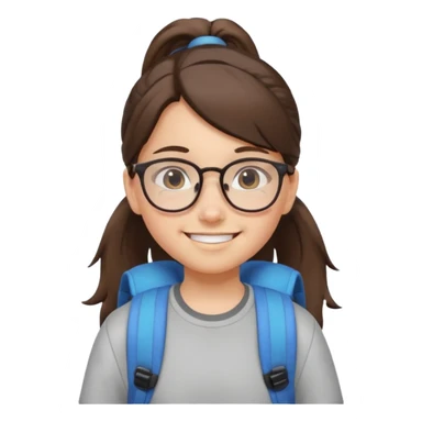 student brunet kid girl, ponytail wearing glasses with backpack sticker