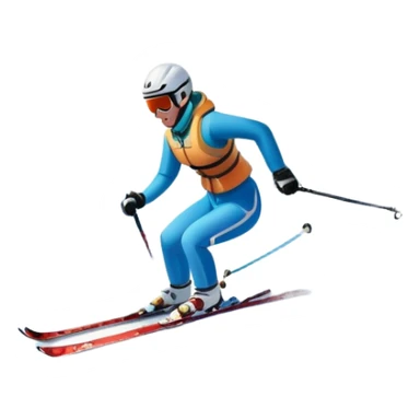 An icon featuring snowy peaks, pine trees, and a picturesque mountain landscape with a skier racing down a snow-covered slope. The sky is blue with soft clouds, capturing the thrill and beauty of alpine skiing. Transparent background highlights the excitement and serenity of winter sports. sticker