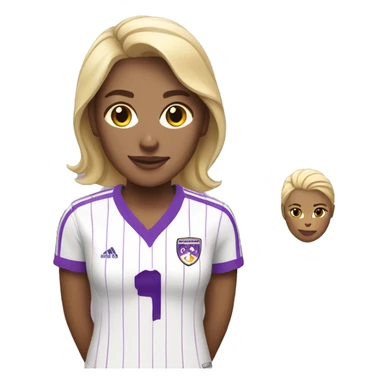 a blonde woman in white soccer jersey with purple pinstripes sticker