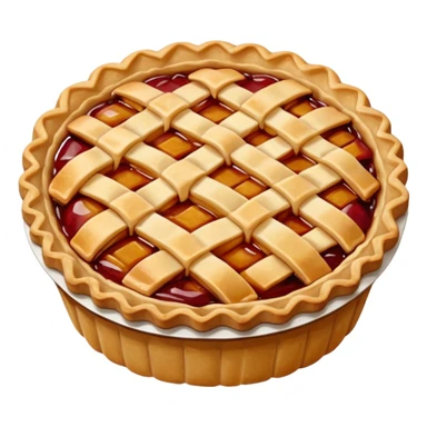 A highly detailed, photorealistic 3D render of a small, individual apple pie, with a golden-brown lattice crust. The filling is a rich, glistening red-amber, bubbling slightly.  sticker