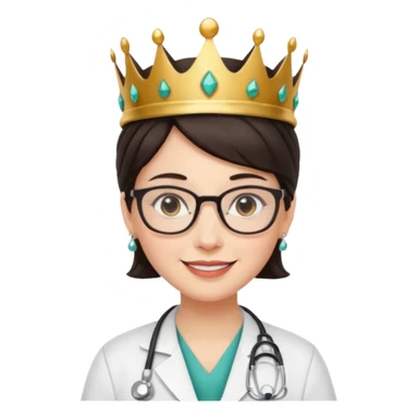 white female doctor very short dark brown hair with glasses and earings and a crown sticker