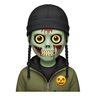 a zombie emoji with black dreads and a black carheartt jacket and black nike ski mask on his head sticker