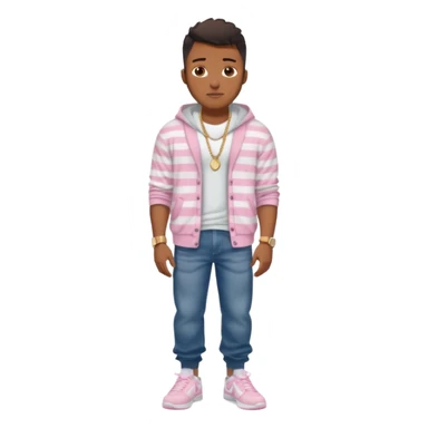 Handsome Black guy with brown skin tone, with muscular build, wearing long baggy dark denim jeans, a white t-shirt, pink and gray striped fuzzy cardigan, white Nike sneakers, a gold watch, and a dainty chain sticker