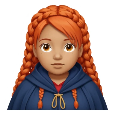 red orange braids hair girl, tan skin, fat, wear navy cloak sticker