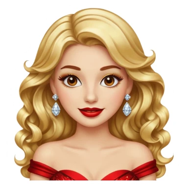 “Emoji girl, glamorous smile, shimmering gold eyeshadow, bold red lips, voluminous waves, dramatic lashes, wearing diamond earrings and gold gown.” sticker