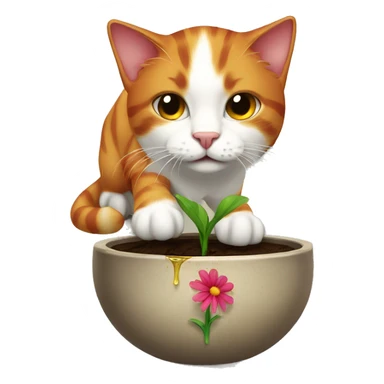 A red-haired cat drips earth in a pot with a flower sticker