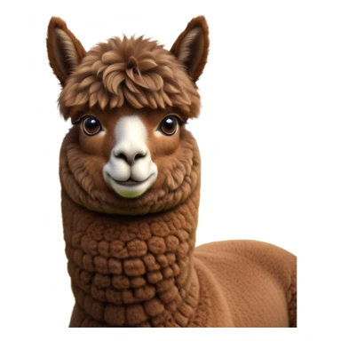 Cinematic Noble Brown Alpaca Portrait Emoji, Poised and regal, with a sturdy, graceful build and a rich, well-groomed brown fleece, deep-set soulful warm eyes, Simplified yet sharp and sophisticated features, highly detailed, glowing with a soft, dignified glow, high shine, intelligent and serene, stylized with an air of pastoral elegance, focused and attentive, soft glowing outline, capturing the essence of a watchful and confident companion, so majestic it feels as though it could stride out of the screen with effortless authority! sticker