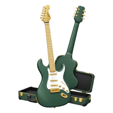 minimalist electric guitar in dark green, closed inside a black rectangular hard case with gold latches, soft matte textures, simplified details, compact artistic look sticker
