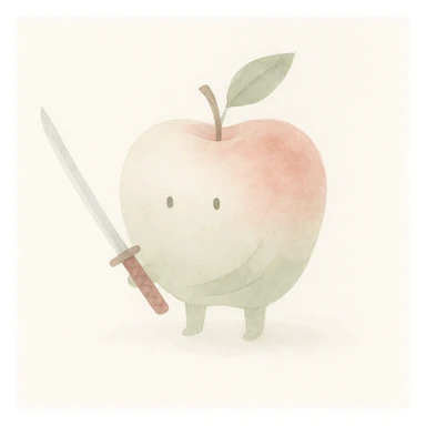 an apple holding a katana, soft watercolor art style sticker