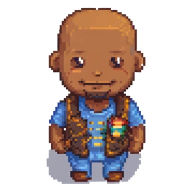 Change the skin tone to a medium brown, keep the 8-bit pixel art style, bald, smiley, low beard, with no background. sticker