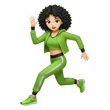 a woman with olive skin tone and curly black hair wearing green and dancing. full body, disco pose. running outfit sticker