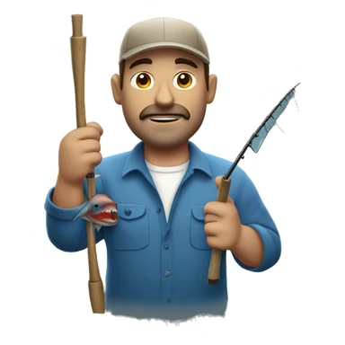 manly husband holding blue fishing rod and tuna sticker