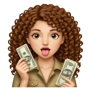 girl with brown curly hair, brown eyes, long natural lashes, holding up a lot of money with her tongue sticking out like shes flexing sticker
