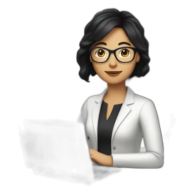 create emoji of a woman with medium black hair, wearing glasses and white, working with a computer sticker