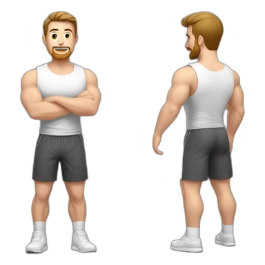 Full height Actively gesturing with hands Pale skinned Fit Man With the biceps and brown hair in dark gray Sleeveless Mike, black oversize sports shorts and white Sneakers sticker