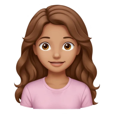 A pretty girl with tan skin and long brown wavy hair, wearing a very light pink basic shirt with brown eyes and a closed mouth smile sticker