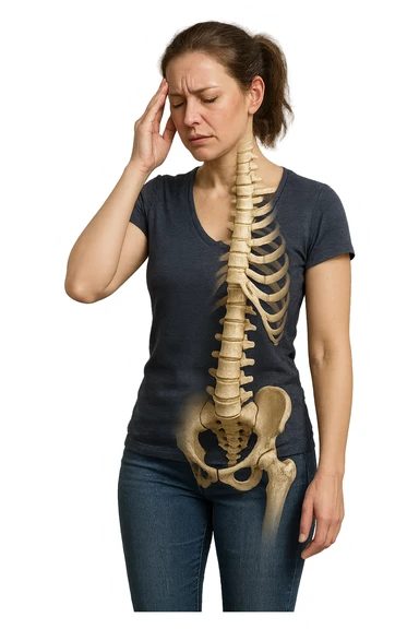 donna stanca a figura intera che si tiene una mano sulla tempia con spina dorsale anatomica visibile, iperrealistico 4k sticker