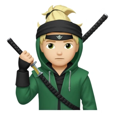 Green ninja Lloyd garmadon blonde hair, kaptur hoody on his head but blonde grzywka visible; the bottom left one is best (the one without miecze + black band + no mask of face) but add miecz sticker