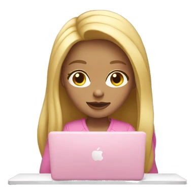 Girl with blond long  hair and  typing on pink MacBook  sticker