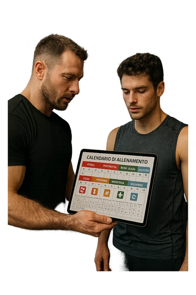 realistic cinematic photo a personal trainer and a client stand in a modern gym, reviewing a large, color-coded training calendar or chart on a tablet. The calendar shows different phases (strength, hypertrophy, endurance, recovery) with icons and dates. Around them, gym equipment and motivational posters reinforce the idea of structured, periodized training. in italiano sticker