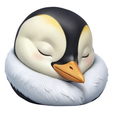Meme-Worthy cute Sleeping Emperor Penguin Portrait Emoji, Head resting peacefully with a contented smile, showcasing luxuriously soft feathers and a serene, slumbering gaze, Simplified yet hilariously adorable features, highly detailed, glowing with a soft, drowsy polar light, high shine, relaxed and utterly lovable, stylized with an air of playful laziness, bright and heartwarming, soft glowing outline, capturing the essence of a comically sleepy emperor that feels destined to become the next viral sensation of adorable rest! sticker