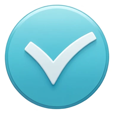 Modern emoji-style  verified icon: cyan-blue circular badge, bold white checkmark, smooth gradient, soft glossy highlights, subtle shine, thick white border, minimalist flat + semi-3D style, smooth edges, high contrast, transparent PNG, high quality, sharp. sticker