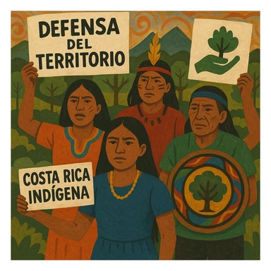 Costa Rican indigenous people peacefully protesting to defend their territory, with visual elements representing protection of ancestral lands sticker