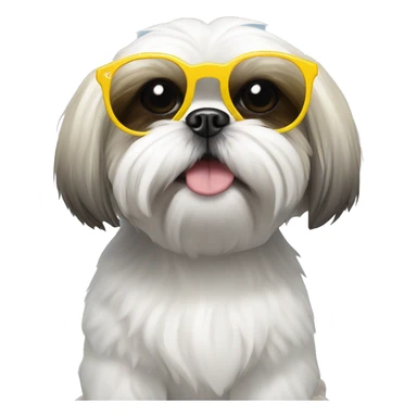 White shihtzu wearing circle sunglasses with yellow rim sticker