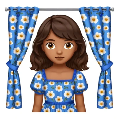 Teenage girl with golden brown skin, chocolate brown eyes, dark wavy hair with curtain bangs, and blue floral dress sticker