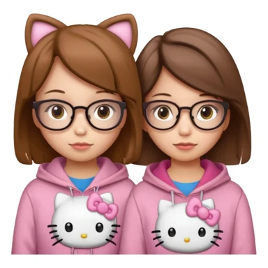 2 girls wearing a hello kitty hoodie. both girls have brownish hair and hazel eyes (one girl has lighter eyes than the other and also wears glasses in beige). sticker