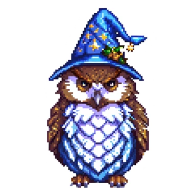 pixel art owl wearing a starry wizard hat sticker
