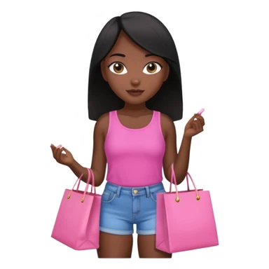 Uma menina morena cabelo liso preto olhos puxados fazendo compra com sacolas rosas  com top e short  sticker