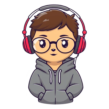 tan brunette girl with a short wolf haircut, round ruby glasses, black headphones, and a black hoodie sticker