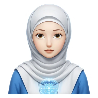 girl with white hijab in blue clothes, surrounded by screens displaying advanced holographic projections, quantum computing visuals, neural networks, futuristic UI elements, flowing digital code sticker