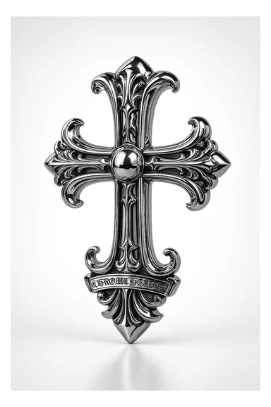 Chrome Hearts style cross, metallic finish, gothic baroque details, luxury jewelry, dramatic lighting sticker