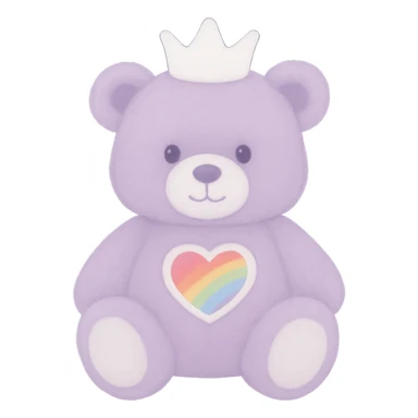 Change the crown to white on the purple and white teddy bear with a heart-shaped rainbow patch. Keep it soft and plush with no shadows and flat lighting. Remove the background. sticker
